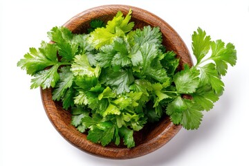 Fresh herbs including coriander and celery leaves in a wooden bowl on a white background Overhead view Space for text
