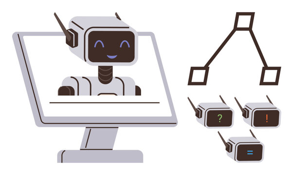 Robot chatbot with happy face on computer screen, decision flow diagram, icons for question and response types. Ideal for technology, AI, customer service, communication, automation, education - Powered by Adobe