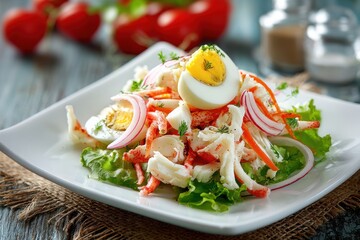 Salad with crab sticks fresh veggies and eggs