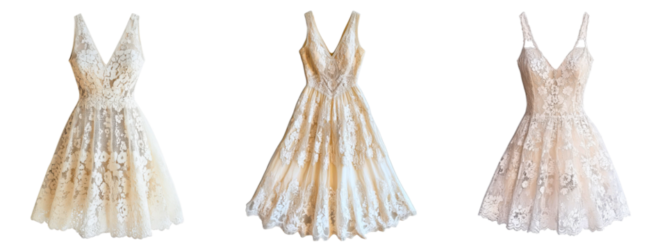 Collection of romantic floral lace dresses with delicate V-necklines and soft silhouettes isolated on a white or transparent background