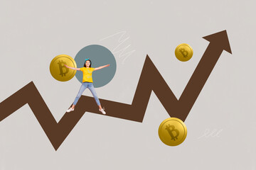 Full 3d magazine picture collage image of happy businessman businesswoman stand arrow progress...