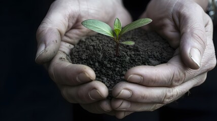 Human hands help plant seedlings in the ground