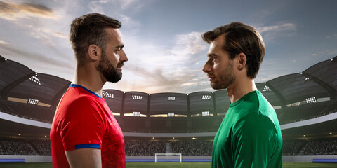 Two male soccer players from opposing teams stare down each other before a game begins on 3D field. Concept of motivational posters, sports event promotions © Lustre Art Group 