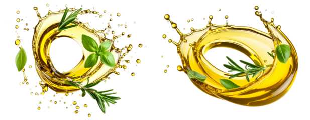Golden Olive Oil Splash with Fresh Herb Leaves and Droplets, Isolated on Transparent Background