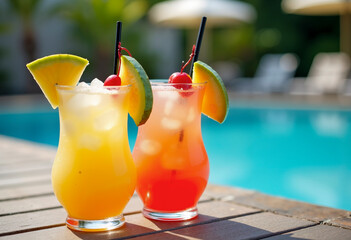 Tropical cocktails with pineapple garnish by swimming pool summer drinks