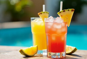 Tropical cocktails with pineapple garnish by swimming pool summer drinks