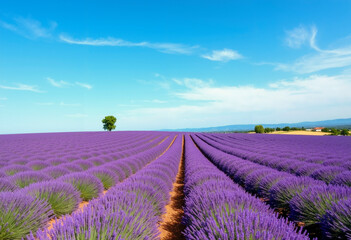 Lavender field rows in Provence France with solitary tree under blue sky