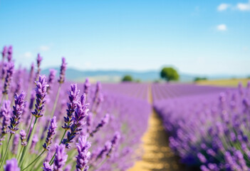 Lavender field rows in Provence France with solitary tree under blue sky