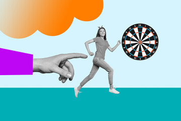 Image pop 3d zine collage of happy girl guy business worker walk hand point direction target aim achievement success promotion
