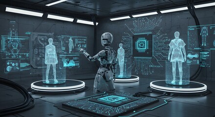 Futuristic robot scientist presenting holographic human anatomy models and complex data visualizations in a high-tech laboratory environment surrounded by advanced digital interfaces and glowing circu