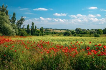 Scenic summer nature with fields blossoms and trees