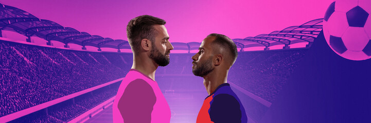 Pink-hued stadium setting with two soccer players facing off in vivid team colors. Concept of promotional banners for soccer events, soccer club posters, flyers © Lustre Art Group 