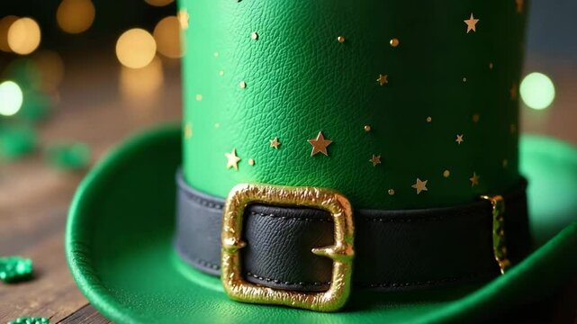Green St Patrick's Day hat with golden stars and lucky shamrocks on wooden surface, illuminated by bokeh lights. St Patrick's Day decorations create festive atmosphere for holiday celebration.