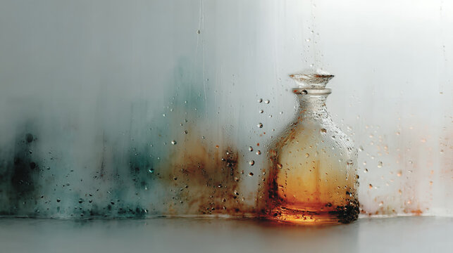 Vintage glass decanter with amber liquid behind a wet window with abstract streaks
