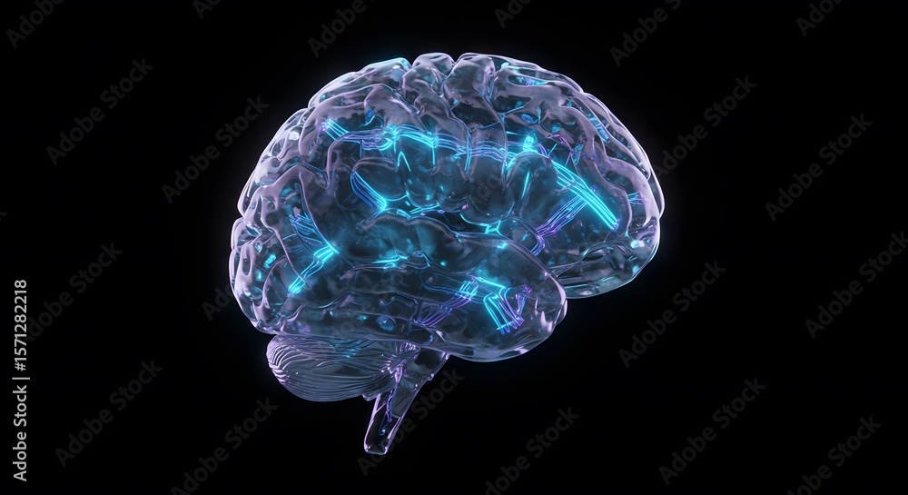 Fototapete Illuminated neural network within a translucent human brain model showcasing complex cognitive processes and advanced artificial intelligence concepts in a dark futuristic setting
