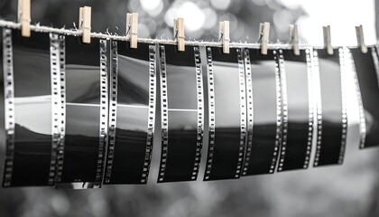 Black and white film strips hanging on clothesline
