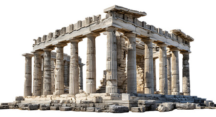 Fototapeta premium Majestic ancient Greek temple ruins with imposing columns and a crumbling pediment, on a transparent background