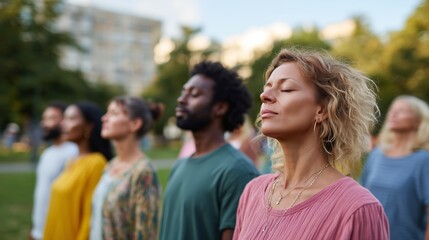 Group of individuals practicing mindfulness meditation outdoors in a park during sunset in an urban environment