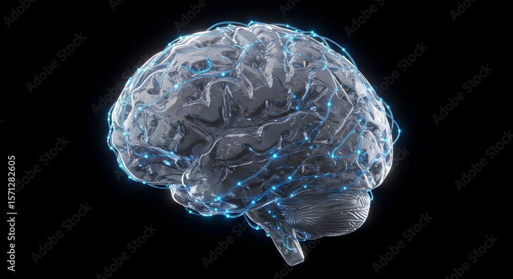 Poster digital representation of a human brain made of interconnected glowing blue lines and nodes on a bla
