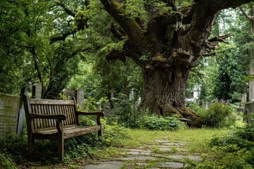 Seating area beneath the ancient oak
