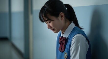 Sad Asian Schoolgirl Crying in School Hallway | Emotional Teen Girl in Uniform Experiencing Bullying, Loneliness, and Mental Health Issues