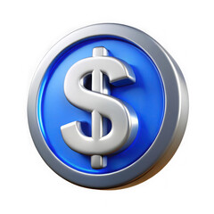 Shiny silver dollar sign emblem on a blue circle isolated on white background