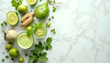 Green fruits  herbs with blended drinks on marble