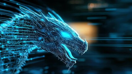 Futuristic digital dragon head with glowing blue neon lines, cybernetic design, dynamic motion and energy, technology fantasy creature, powerful fierce expression, innovation in virtual world - Powered by Adobe