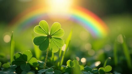 Depicting a four leaf clover in lush green grass under rainbow. Four leaf clover embodies luck and fortune, symbolizing prosperity and serendipity in nature. - Powered by Adobe