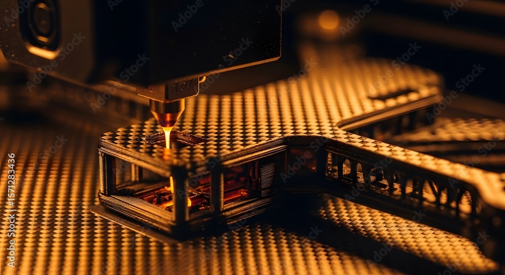 Poster 3dprinting in action aclose-upviewofaplastic3dprinterinactioncreatingacomplexgolden-huedobjectonacar
