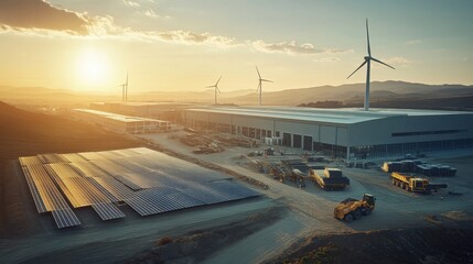 Eco-friendly industrial park under construction. Solar panels and wind turbines power the site. Electric trucks unload materials, workers assemble structures. Natural daylight, soft tones.