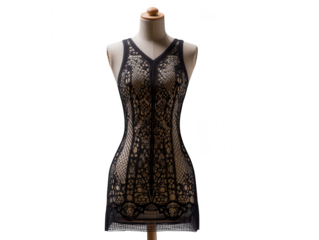 Black lace dress on a mannequin isolated on transparent background