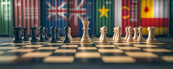 Economic impact tariff. Chess pieces on board symbolize economic impact and strategy in global context with flags behind