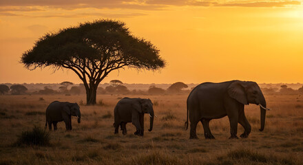 Fototapeta premium Three elephants at sunset in African savannah with large tree 