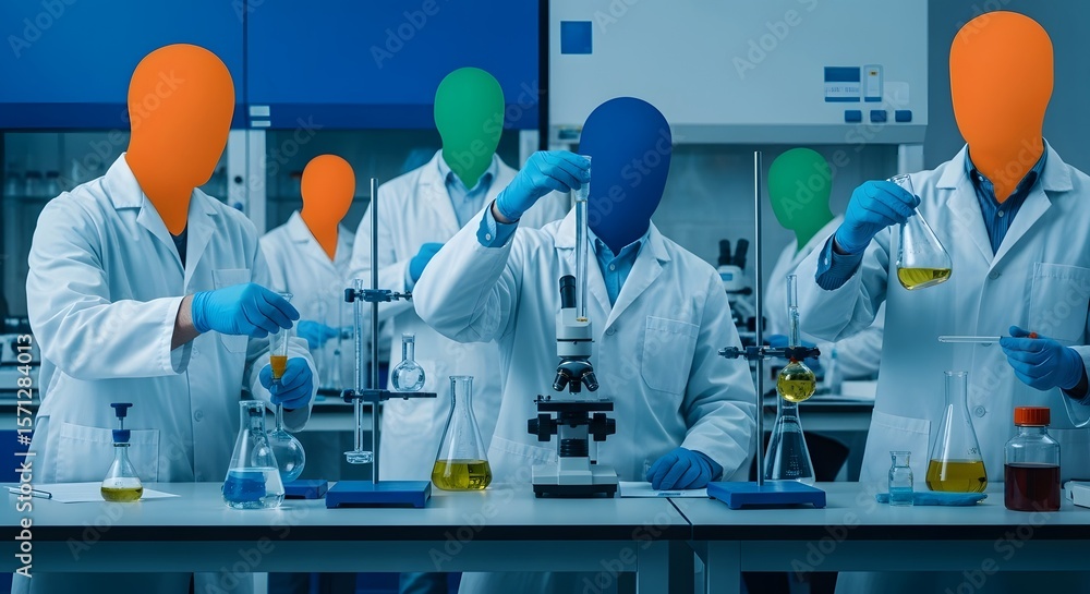 Poster scientists in a lab conduct experiments, mixing chemicals in beakers and using microscopes. the atmo