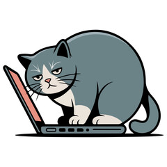 Lazy Cat Working on Laptop Vector Icon Illustration, cat, animal, pet, vector, cartoon, illustration.