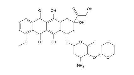 pirarubicin molecule, structural chemical formula, ball-and-stick model, isolated image antineoplastic