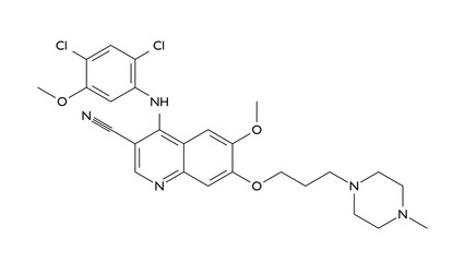bosutinib molecule, structural chemical formula, ball-and-stick model, isolated image anti-cancer