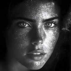 Futuristic Grace: Black and White Portrait of a Woman Shining with Metallic Texture, portrait of a young woman