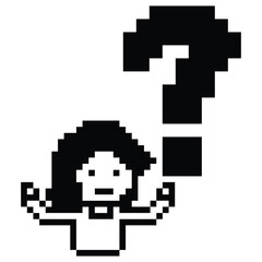 Pixel cartoon character woman with question mark decoration 8 bit cute female girl lady confused idea question mark think questionnaire choose cartoon pixel game 8bit png vector.