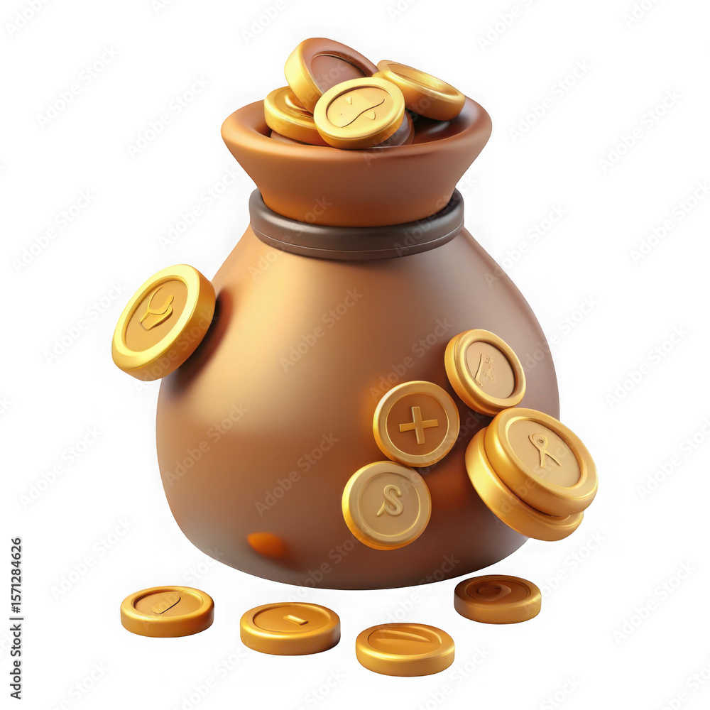 Poster a 3d rendering of a treasure bag overflowing with golden coins isolated on white background