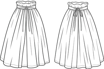 High waist full flared midi skirt fashion flat sketch, front and back view with waistband tie, technical drawing illustration