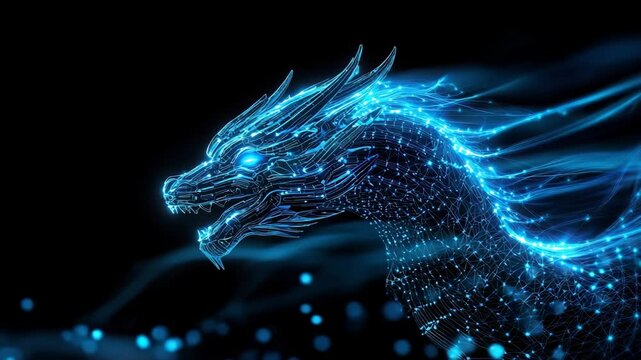 Futuristic glowing blue dragon head with digital lines and neon light, abstract technology background, fantasy creature, dynamic energy flow, cyber style, and digital art design
