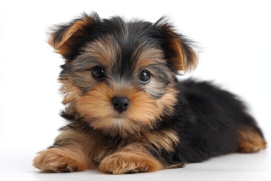 Small Yorkshire terrier pup against a white backdrop