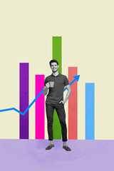 Image pop 3d zine vertical collage of happy businessman businesswoman stand arrow development...