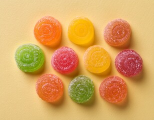 Top view of colorful jelly candies on pale yellow background . Generated image