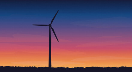 Fototapeta premium A silhouette of a wind turbine stands against a gradient sunset sky