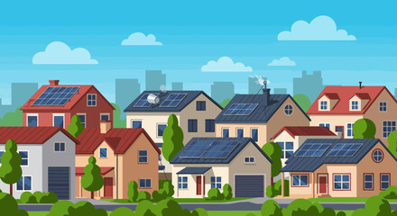 Naklejka premium Row of suburban houses with solar panels under a blue sky