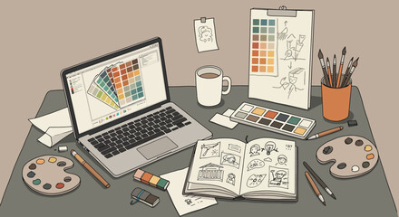 A designers desk with a laptop color swatches paints brushes and sketchbook