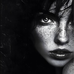 Monochrome Shine: A Dramatic Black and White Portrait of a Woman with Metallic Skin, portrait of a young woman